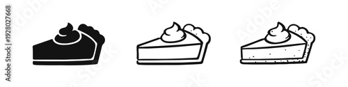 Three stylized pie slice icons set. Simple black and white vector illustrations of dessert with whipped cream.
