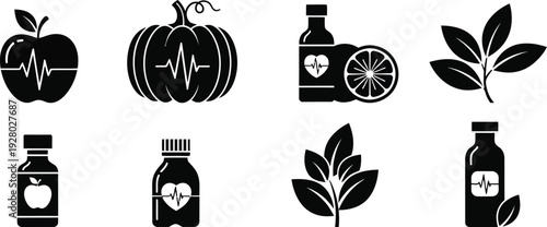 Healthy food and drink icons with a medical theme