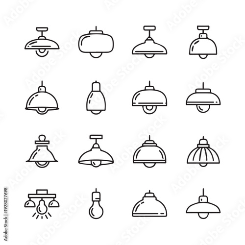 Collection of Various Pendant Light Fixture Icons Line Art Style