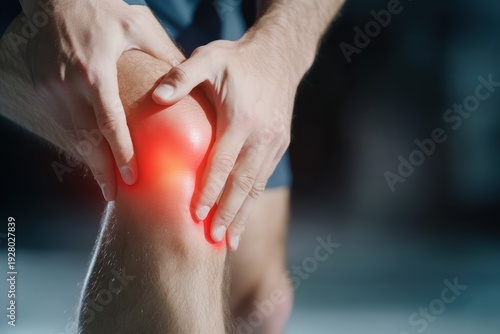 Man touches knee with red highlights to show joint pain in a minimalistic graphic layout for ads