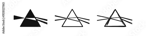 Prism light dispersion icons set. Optical physics experiment showing light refraction through a triangular prism with various styles.