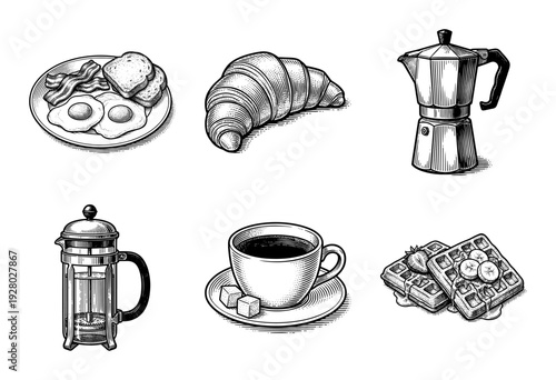 Vintage woodcut style breakfast and coffee collection featuring engraving illustrations of croissant waffles and moka pot