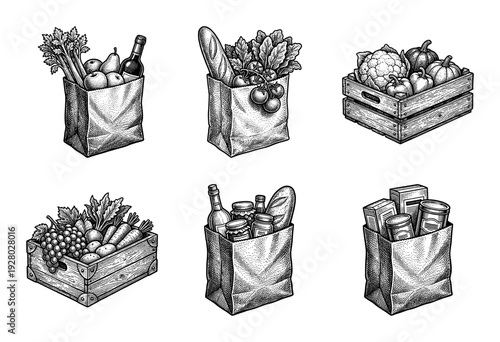 Set of hand drawn grocery bags and wooden crates filled with fresh vegetables, fruit, bread, and bottled products in vintage woodcut engraving style.