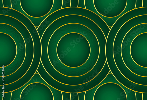 Overlapping green emerald circles and elegant gold outlines with luxury abstract background