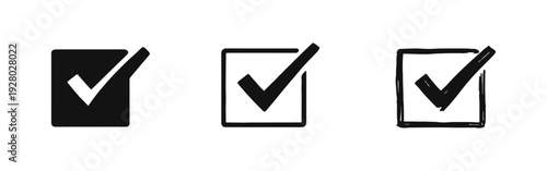 Checkmark in box icons set. Approved, done, and confirmed symbols for task completion and verification in various design styles.