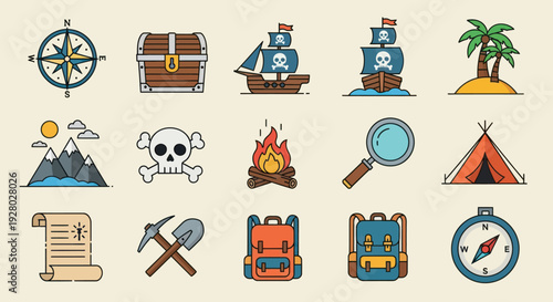 Adventure and Exploration Icons: Compass Treasure Chest Pirate Ship Island and Camping Gear.