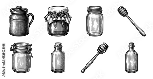 Vintage engraving style collection of glass jars, bottles, and honey dippers featuring woodcut hatching and rustic kitchen storage elements.