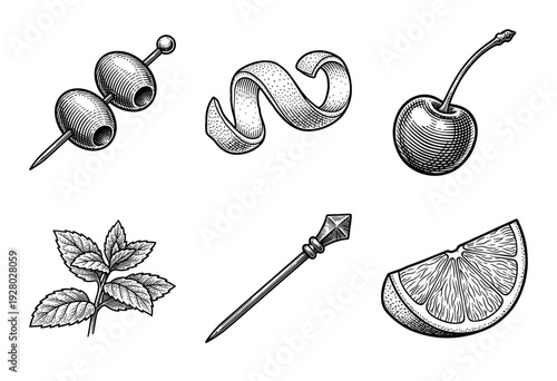 Vintage engraving style collection of cocktail garnishes featuring olives citrus peel cherry mint sprig stirrer and orange wedge