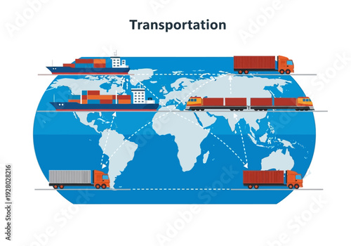 Global logistics and transportation networks connecting continents via sea, land, and air routes