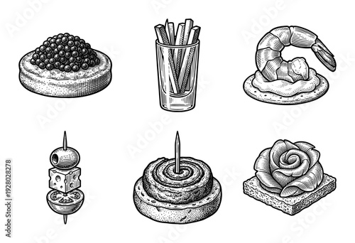 Vintage woodcut style collection of gourmet appetizer icons featuring caviar, shrimp, canapes, and hors d'oeuvres on a white background.
