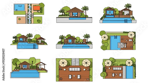 Luxury resort masterplan illustration showcasing architected landscape design, villas, pools, waterfront layouts, and tropical destination development concepts.