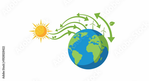 Illustration of global air circulation with green arrows and sun beside Earth on a white background.