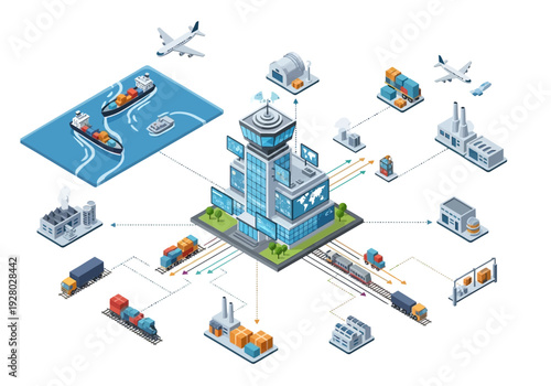 Logistics and supply chain management hub with interconnected transportation and industrial elements