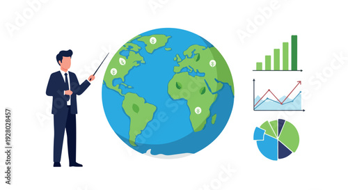 Businessman presenting global statistics with a pointer to a large world map and graphs on a clean white background.