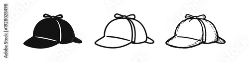 Deerstalker hat detective icons set. Sherlock Holmes style cap symbol for mystery and investigation in various styles.