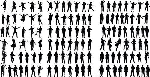 Black silhouettes of diverse people in various poses, standing, dancing, jumping, flexing, casual gestures, children and adults included
