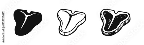 T-bone steak icon set. Meat cut symbols in solid, line, and doodle styles.