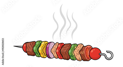 A single long metal skewer is laden with alternating pieces of grilled meat, green and yellow bell peppers, red onion, tomato, and mushroom, with steam rising, on a white background.