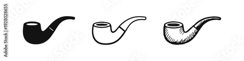 Smoking pipe icon set. Tobacco pipe symbols in solid, line, and doodle styles.