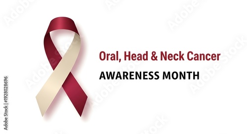 A maroon and beige awareness ribbon stands beside text announcing Oral, Head & Neck Cancer Awareness Month against a plain white background.