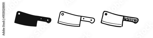 Meat cleaver icon set. Butcher knife symbols in solid, line, and doodle styles.