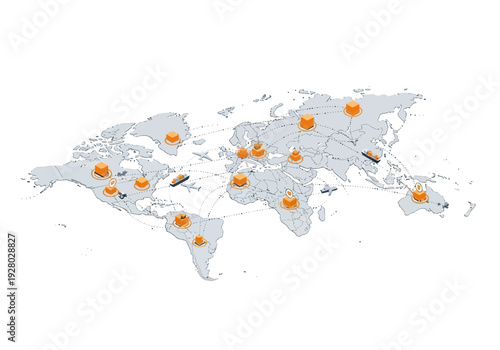 Global network connections and logistic hubs visualized on a world map with icons representing commerce