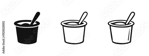 Yogurt cup icon set. Dairy snack symbols with spoon in solid, line, and doodle styles.