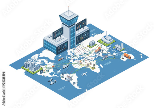 Global Logistics and Air Traffic Control Hub An Isometric View of International Shipping and Industry