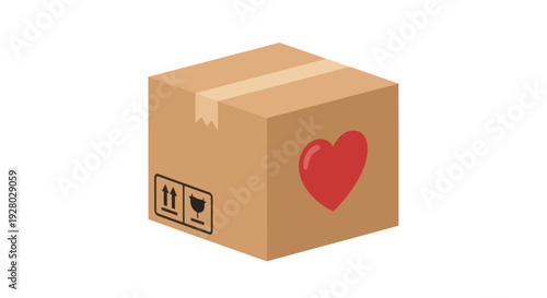 Cardboard delivery box with red heart and fragile shipping symbols.