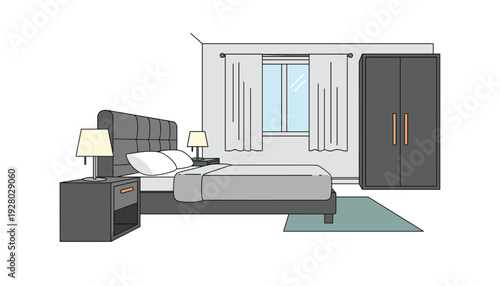 Modern bedroom interior with gray bed and wardrobe