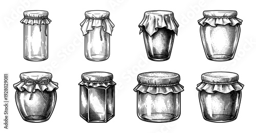 Set of eight vintage hand drawn glass jars with cloth covers and twine bows in a detailed black and white engraving style.