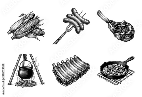 Vintage woodcut style collection of barbecue food and outdoor cooking equipment featuring grilled meats, corn, and campfire cauldron.