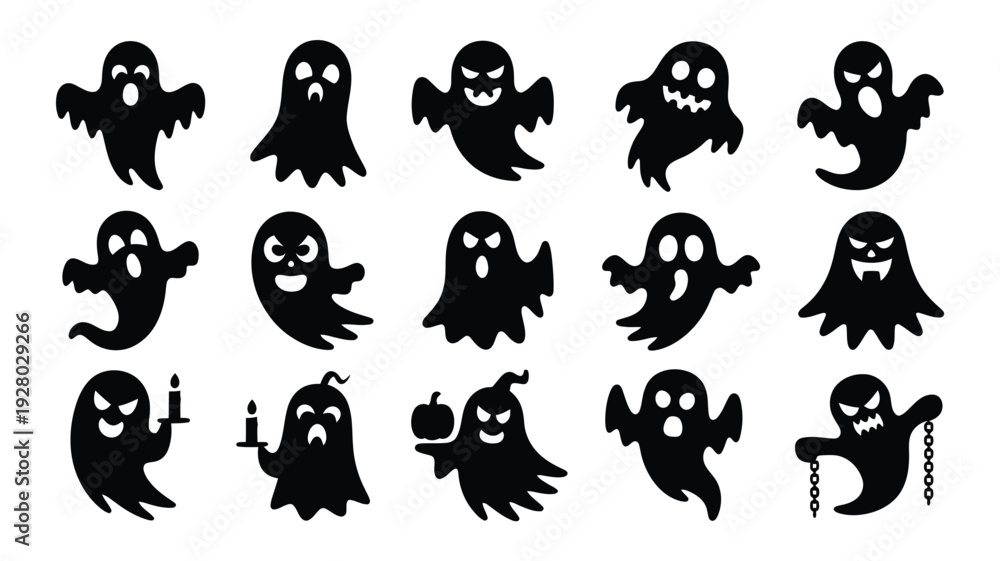Obraz premium A collection of spooky black silhouettes depicting various cartoonish ghost expressions