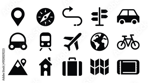 Collection of black silhouette icons representing travel location and transportation