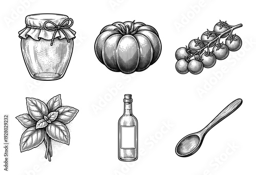 Vintage woodcut style collection of culinary ingredients and kitchen tools featuring tomatoes basil oil and a preserve jar