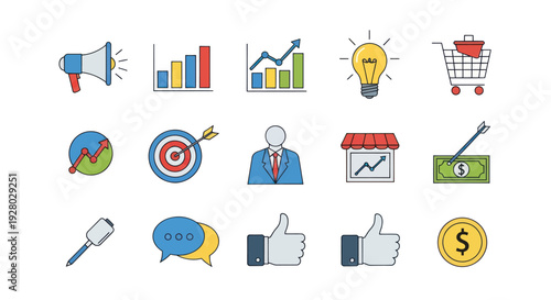 Collection of Business and Marketing Icons Representing Growth and Strategy.