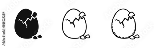 Cracked egg icon set. Broken shell symbols in solid, line, and doodle styles.