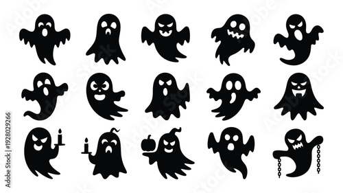 A collection of spooky black silhouettes depicting various cartoonish ghost expressions