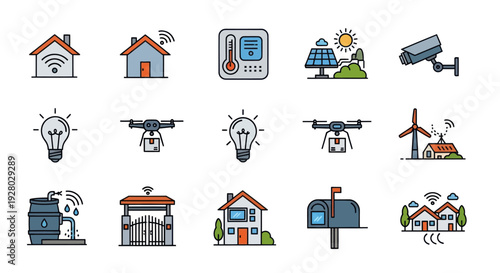 Colorful Hand-drawn Smart Home and IoT Technology Icons Set.