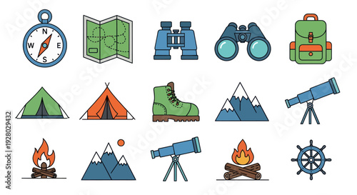 Colorful Outdoor Adventure and Camping Icons Collection.