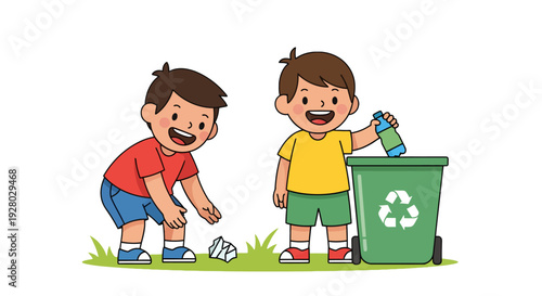 Young boys picking up trash and recycling plastic bottle