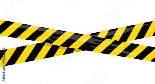 Yellow and black striped caution tape crossed on transparent background