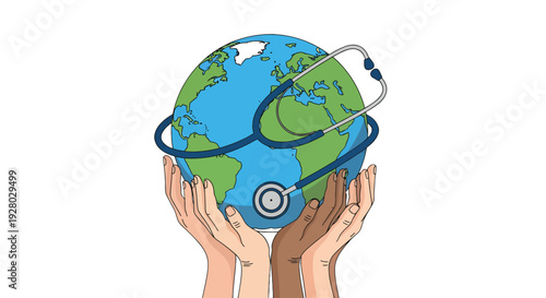 Hands holding earth with stethoscope for global health and wellness