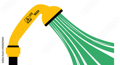 Yellow eyewash nozzle spraying liquid with warning sign