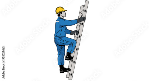 Construction worker climbing up a tall ladder