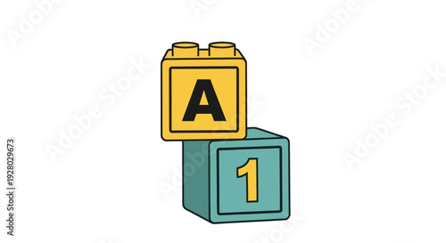 Stacked yellow letter A and teal number 1 toy building blocks.