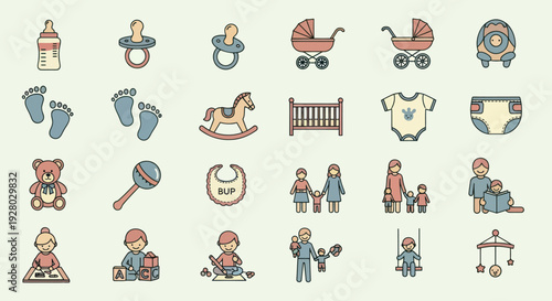 Adorable Baby and Family Icons Collection with Childcare Essentials in Doodle Style.