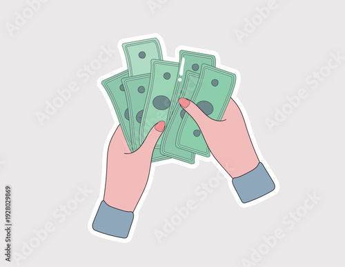 Hands holding banknotes sticker representing payment or wealth. Ideal for e-commerce sites, payroll services, and financial success content