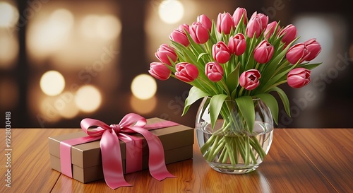 A beautiful arrangement of pink tulips in a vase with a gift box tied with a ribbon on a wooden table