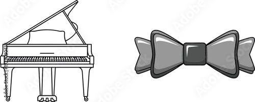 Grand Piano and Bow Tie Icon Set, Elegant Music Instrument and Formal Fashion Accessory Line Art Vector Illustration